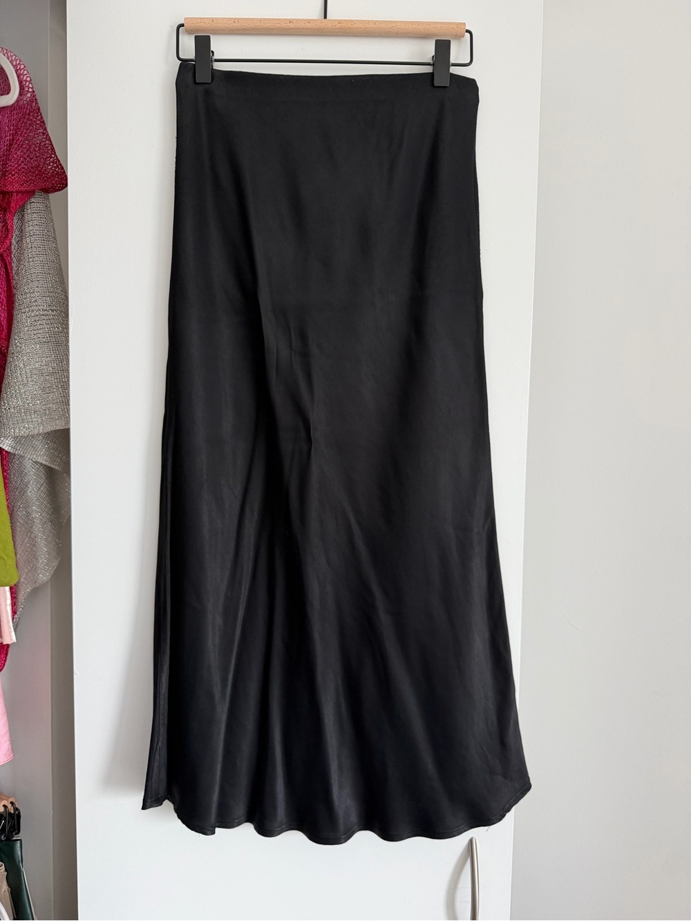 Anthropologie Black Satin Midi Slip Skirt
